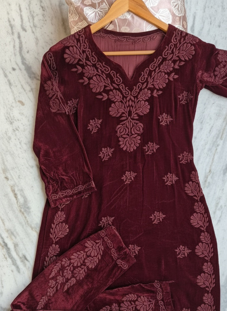Super Maroon Makhmal Chikankari Co-ord Set by LVW Fashions with luxurious handcrafted embroidery and traditional Lucknow chikankari.