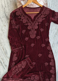 Super Maroon Makhmal Chikankari Co-ord Set by LVW Fashions featuring luxurious handcrafted embroidery and pure Lucknow chikankari.