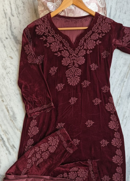 Super Maroon Makhmal Chikankari Co-ord Set by LVW Fashions featuring luxurious handcrafted embroidery and pure Lucknow chikankari.