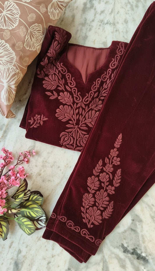 Super Maroon Makhmal Chikankari Co-ord Set by LVW Fashions, luxurious embroidered handcrafted Lucknow chikankari ensemble.