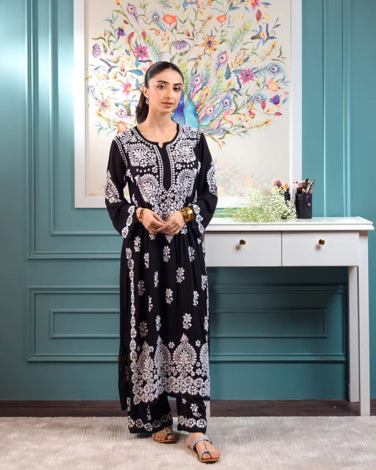 Super soft premium modal Chikankari Kurta Palazzos set by LVW Fashions, featuring intricate handmade Lucknow Chikankari embroidery.