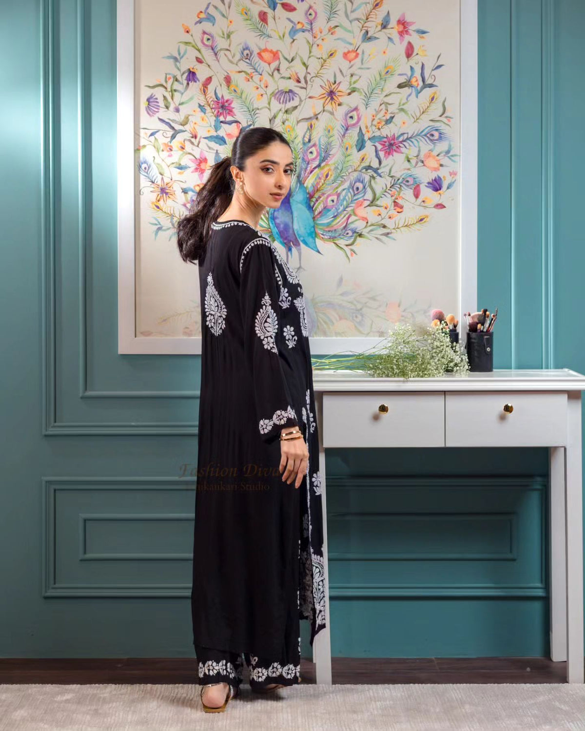 Super soft premium modal Chikankari Kurta and Palazzos set by LVW Fashions, handmade Lucknow Chikankari, with intricate embroidery.
