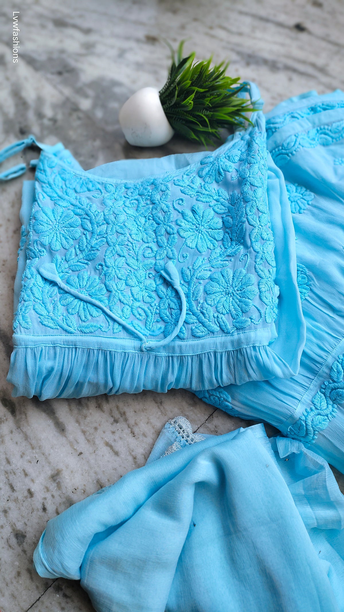 Handmade Tulip Tunic and Luxurious Gharara Chikankari Set by LVW Fashions, featuring intricate Lucknow chikankari embroidery.