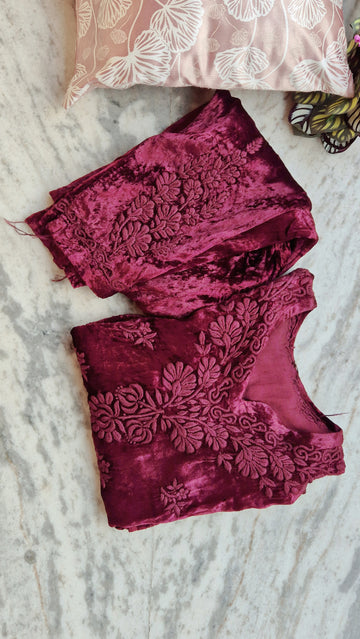 Tyrian Pink Makhmal handcrafted Chikankari co-ord set by LVW Fashions, featuring traditional Lucknow Chikankari embroidery.