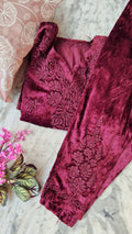Tyrian Pink Makhmal handcrafted Chikankari co-ord set by LVW Fashions, featuring traditional Lucknow Chikankari embroidery.