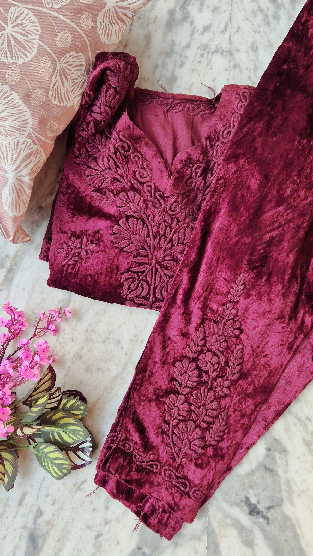 Tyrian Pink Makhmal handcrafted Chikankari co-ord set by LVW Fashions, featuring traditional Lucknow Chikankari embroidery.