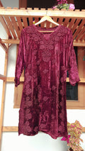 Tyrian pink Makhmal handcrafted Chikankari co-ord set with traditional Lucknow embroidery, featuring a kurta and matching bottoms.