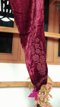 Tyrian pink handcrafted Chikankari co-ord set by LVW Fashions, featuring traditional Lucknow embroidery and Makhmal fabric.