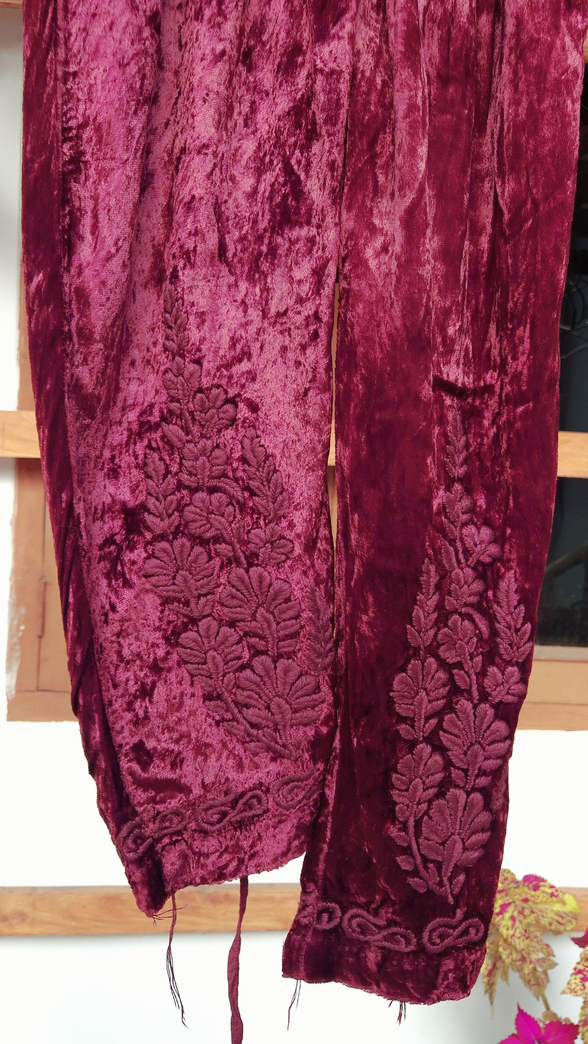 Tyrian Pink Makhmal handcrafted Chikankari co-ord set by LVW Fashions featuring traditional Lucknow Chikankari embroidery.