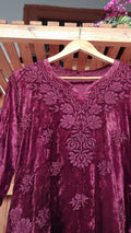 Tyrian pink handcrafted Makhmal Chikankari co-ord set by LVW Fashions featuring traditional Lucknow embroidery on a kurta and matching bottoms.