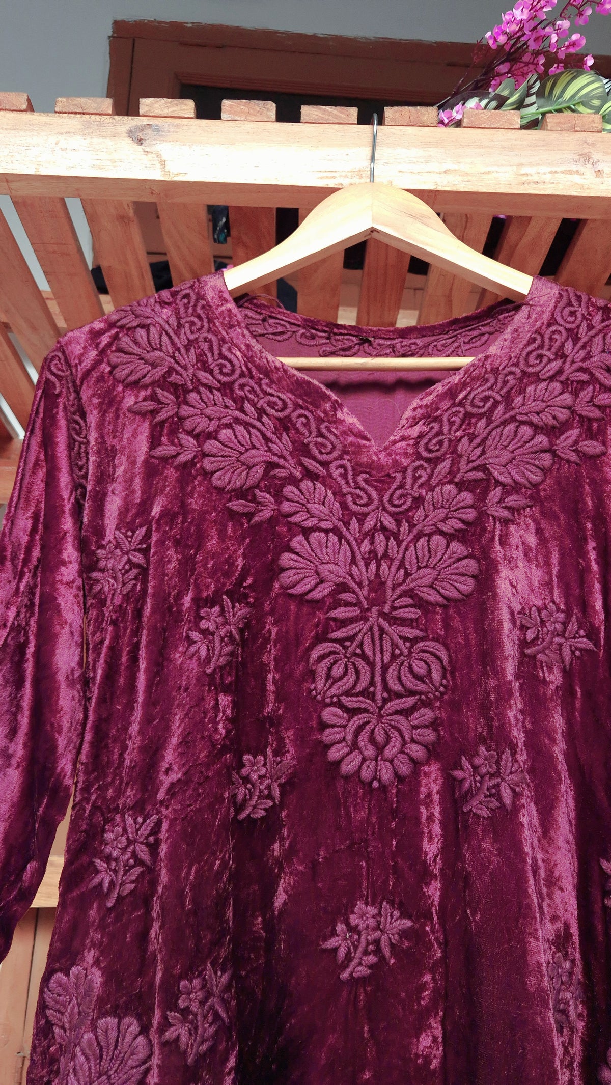 Tyrian pink handcrafted Makhmal Chikankari co-ord set by LVW Fashions featuring traditional Lucknow embroidery on a kurta and matching bottoms.