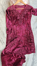 Tyrian Pink Makhmal handcrafted Chikankari co-ord set by LVW Fashions, featuring intricate Lucknow Chikankari embroidery.