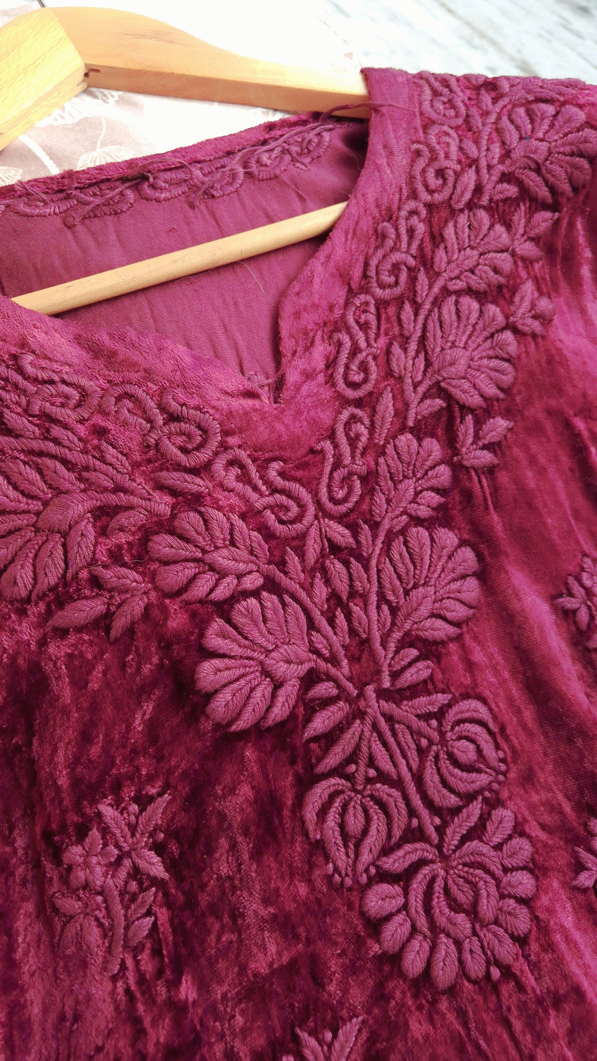 Tyrian pink handcrafted Makhmal Chikankari co-ord set by LVW Fashions, featuring traditional Lucknow chikankari embroidery.