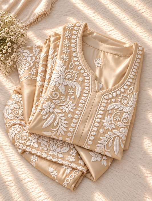Vanilla Ivory Azhel Co-ord Set With back And Sleeves Embroidery Special (One Creation)