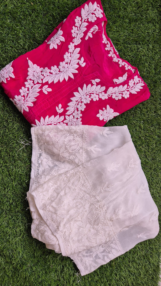 A white Adaya premium silk Chikankari kurta with Resham embroidery paired with matching plazzos, handcrafted by LVW Fashions.