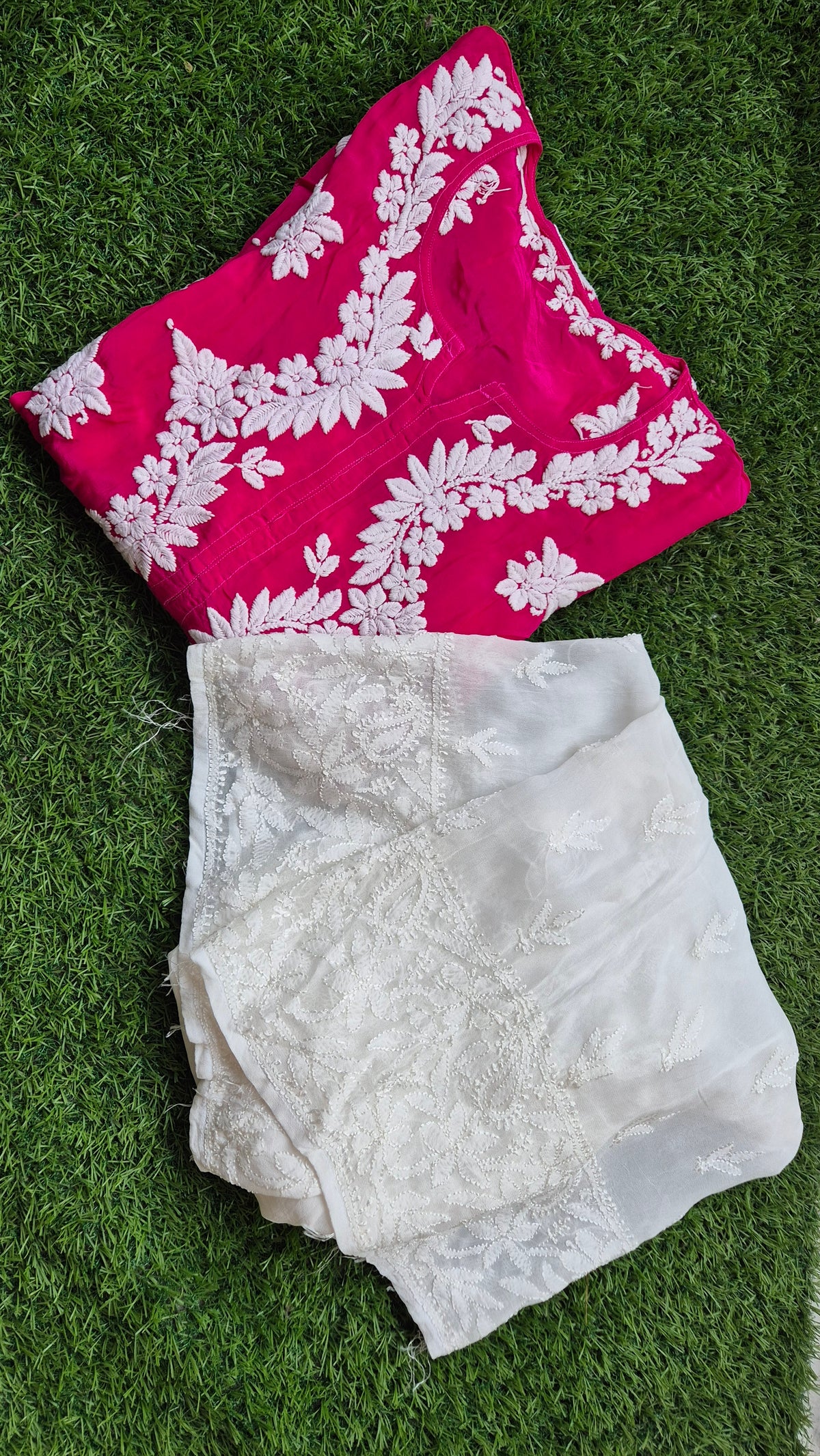 White Adaya Premium Silk Chikankari Kurta with Resham embroidery paired with matching Plazzos, handmade Lucknow Chikankari co-ord set.