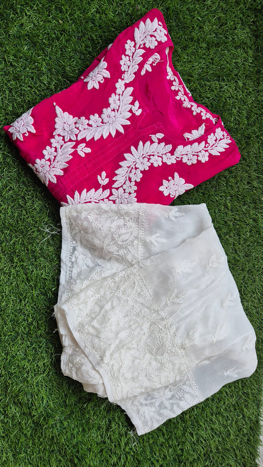 White Adaya Premium Silk Chikankari Kurta with Resham embroidery paired with matching Plazzos, handmade Lucknow Chikankari co-ord set.