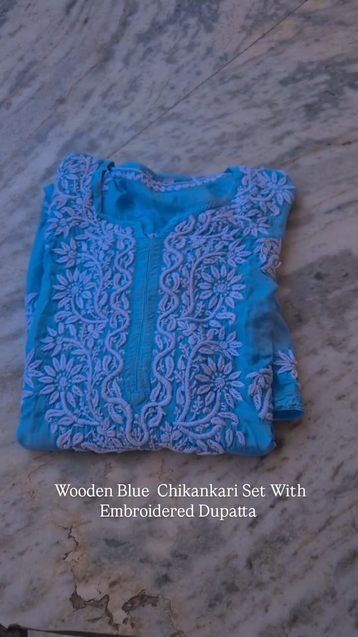Wooden blue premium soft cotton silk Chikankari co-ord set by LVW Fashions, includes handmade Lucknow chikankari kurta and coordinated pants