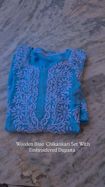 Wooden blue premium soft cotton silk Chikankari co-ord set by LVW Fashions, includes handmade Lucknow chikankari kurta and coordinated pants