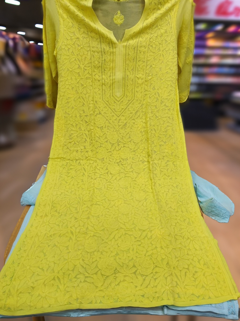 White Hania Premium Georgette Chikankari Kurta by LVW Fashions, handcrafted with intricate Lucknow-style embroidery.