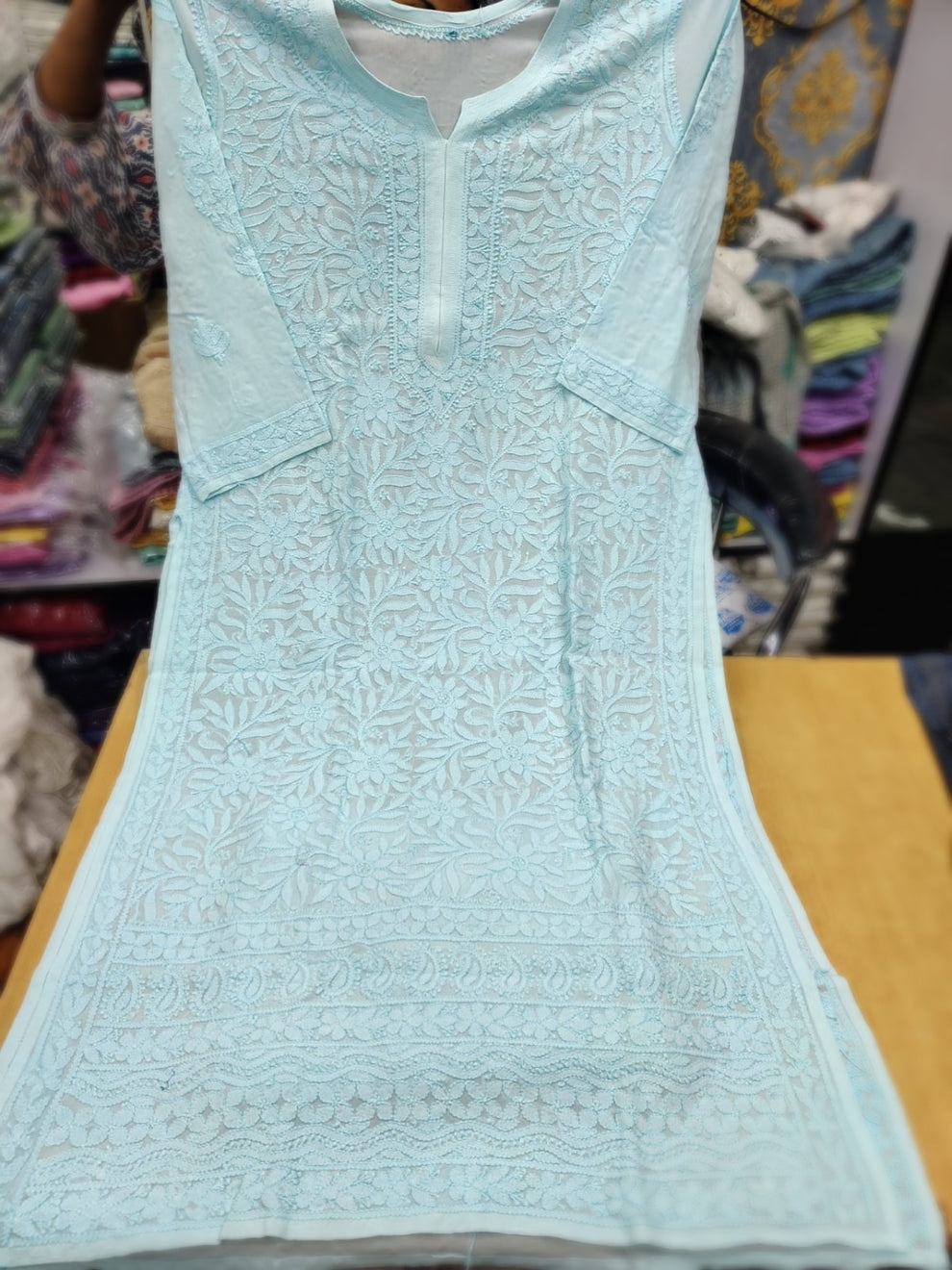 White Hania Premium Georgette Chikankari Kurta by LVW Fashions, handcrafted Lucknow chikankari with intricate embroidery.