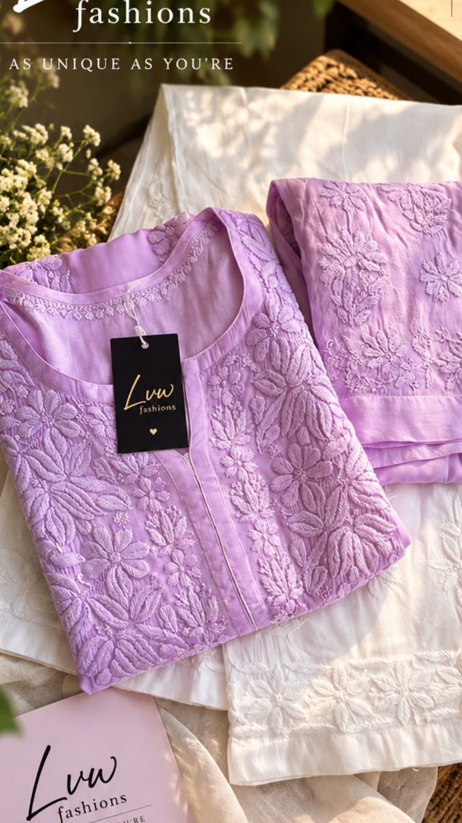 Handcrafted white peach georgette Chikankari co-ord set by LVW Fashions, featuring intricate Lucknow Chikankari embroidery.