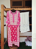 Pinkish premium soft georgette Chikankari co-ord set with matching kurta, handcrafted by LVW Fashions featuring traditional Lucknow Chikankari.