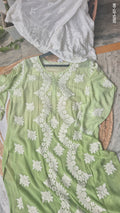 White Pistachio LVW Fashions premium soft cotton silk Chikankari co-ord set with handmade Lucknow Chikankari Kurta, stylish and elegant.