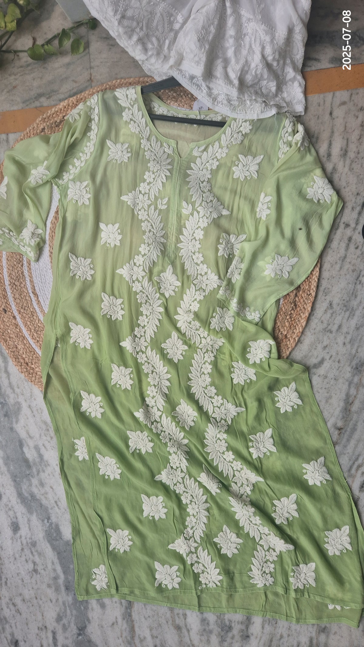 White Pistachio LVW Fashions premium soft cotton silk chikankari co-ord set with intricate handmade Lucknow chikankari embroidery.