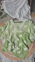 LVW Fashions pistachio soft cotton silk chikankari co-ord set with handcrafted Lucknow chikankari kurta in white.
