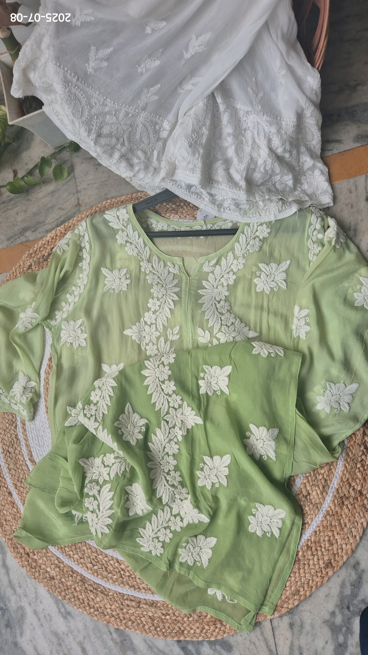 LVW Fashions pistachio soft cotton silk chikankari co-ord set with handcrafted Lucknow chikankari kurta in white.