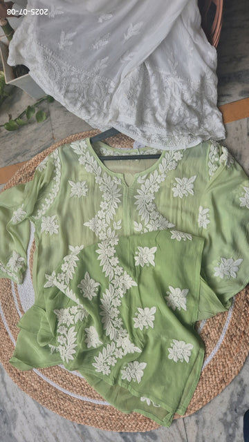 LVW Fashions pistachio soft cotton silk chikankari co-ord set with handcrafted Lucknow chikankari kurta in white.