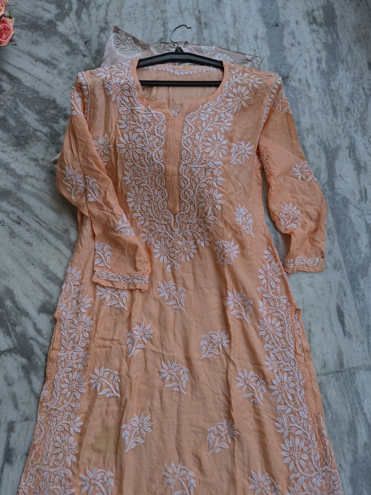 Handmade white cotton silk Chikankari co-ord set by LVW Fashions, featuring intricate Lucknow Chikankari embroidery.