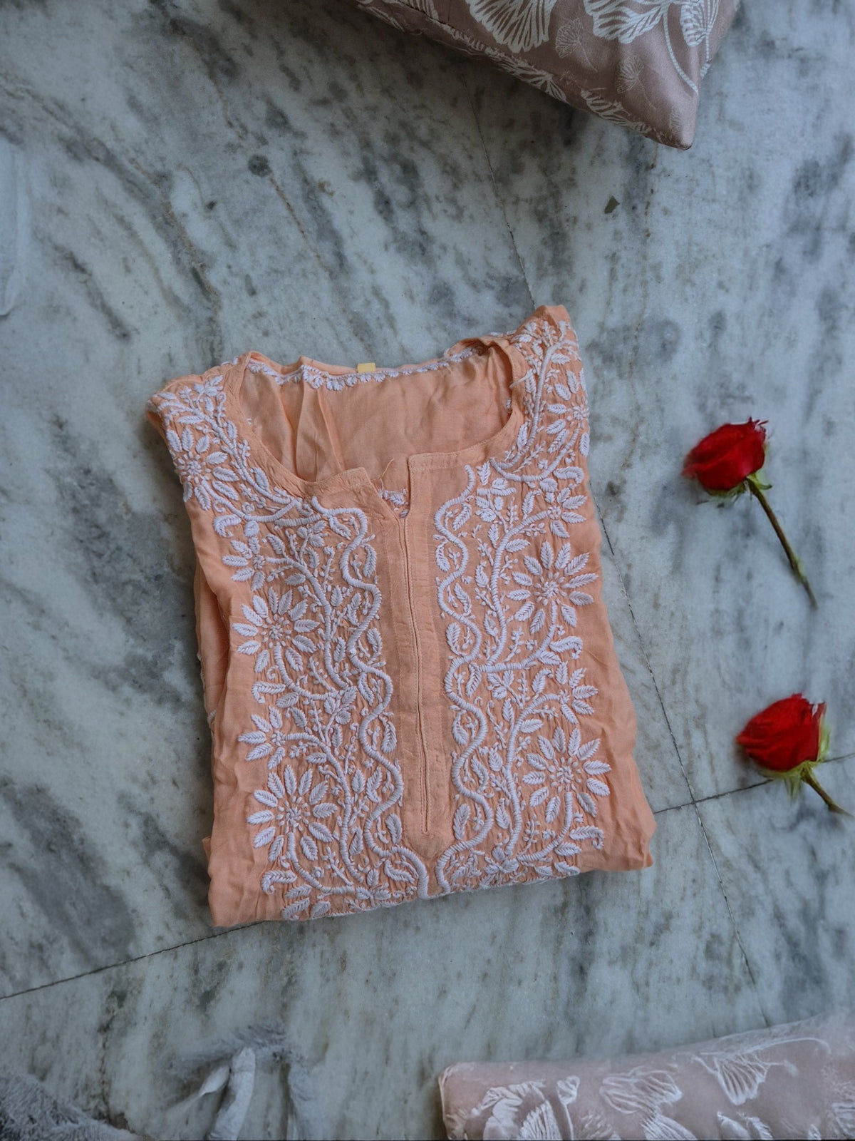 White premium soft cotton silk Chikankari co-ord set by LVW Fashions, handmade Lucknow Chikankari kurta with intricate embroidery