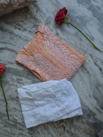 White premium soft cotton silk Chikankari co-ord set from LVW Fashions, featuring handmade Lucknow Chikankari kurta and matching bottoms.