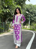 LVW Fashions Rehmat Premium Soft Georgette Chikankari co-ord set featuring intricate handmade Lucknow Chikankari on white fabric.