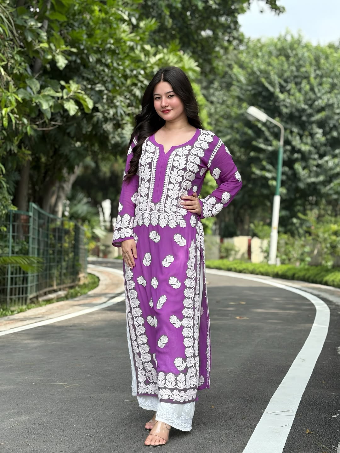 LVW Fashions Rehmat Premium Soft Georgette Chikankari co-ord set featuring intricate handmade Lucknow Chikankari on white fabric.