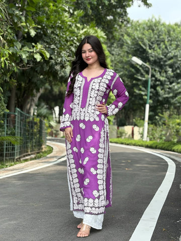 LVW Fashions Rehmat Premium Soft Georgette Chikankari co-ord set featuring intricate handmade Lucknow Chikankari on white fabric.