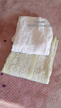 White pistachio-colored cotton silk chikankari co-ord set by LVW Fashions, featuring handmade Lucknow chikankari embroidery.