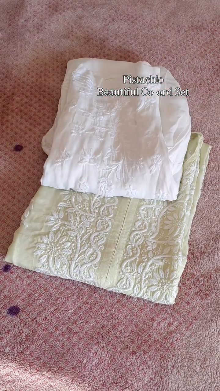 White pistachio-colored cotton silk chikankari co-ord set by LVW Fashions, featuring handmade Lucknow chikankari embroidery.