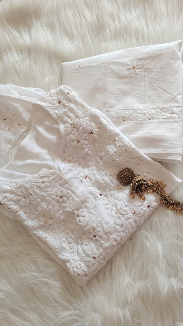 White Safed Premium Soft Mulmul Chikankari suit with embroidered dupatta, handmade Lucknow chikankari by LVW Fashions.