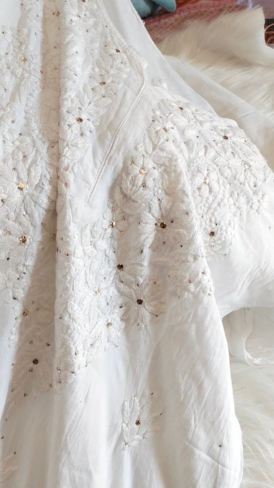 White Safed Premium Soft Mulmul Chikankari suit with embroidered dupatta, handmade Lucknow Chikankari kurta by LVW Fashions.