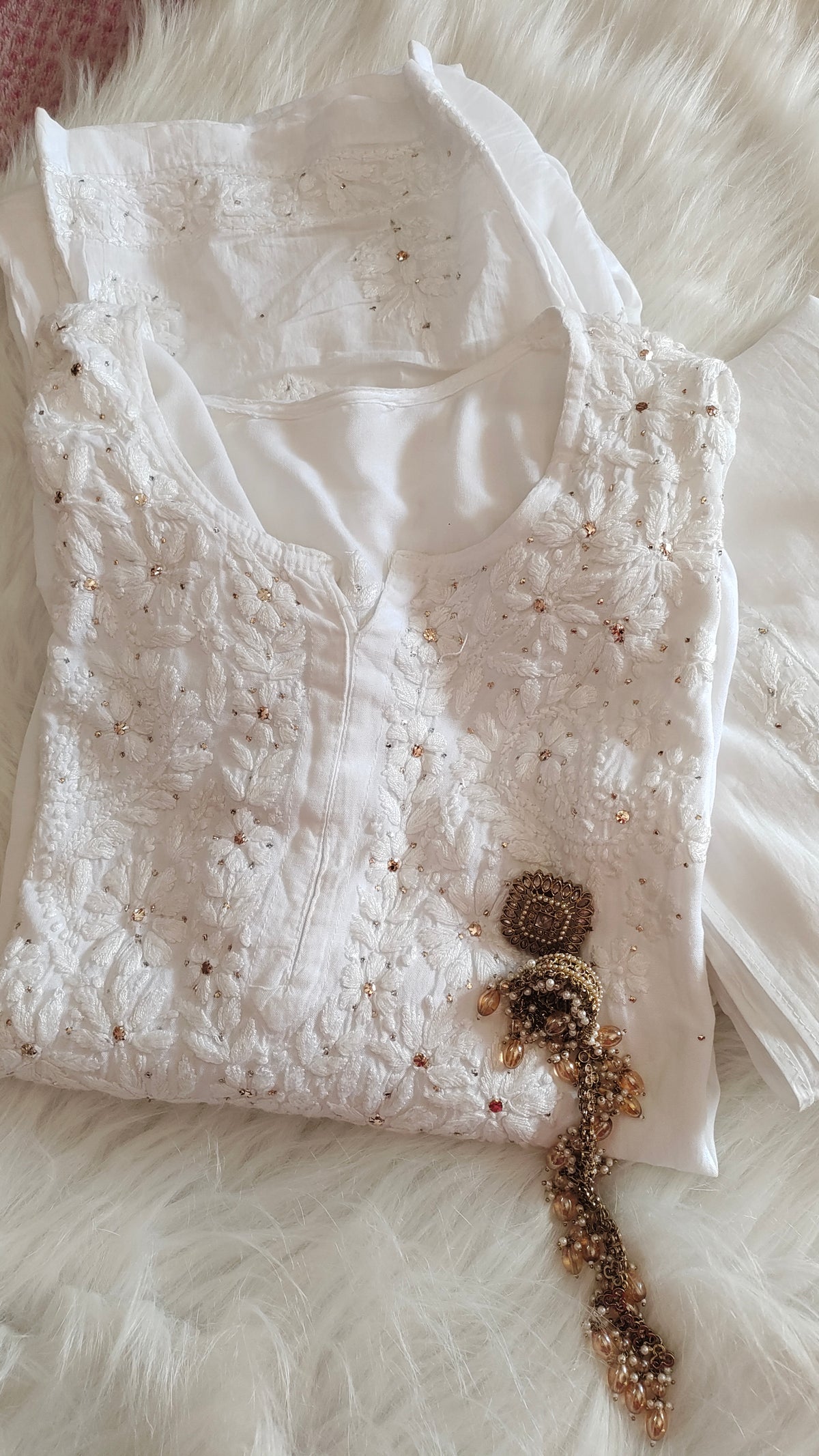 White Safed Premium Soft Mulmul Chikankari suit with embroidered dupatta by LVW Fashions, featuring handmade Lucknow Chikankari.
