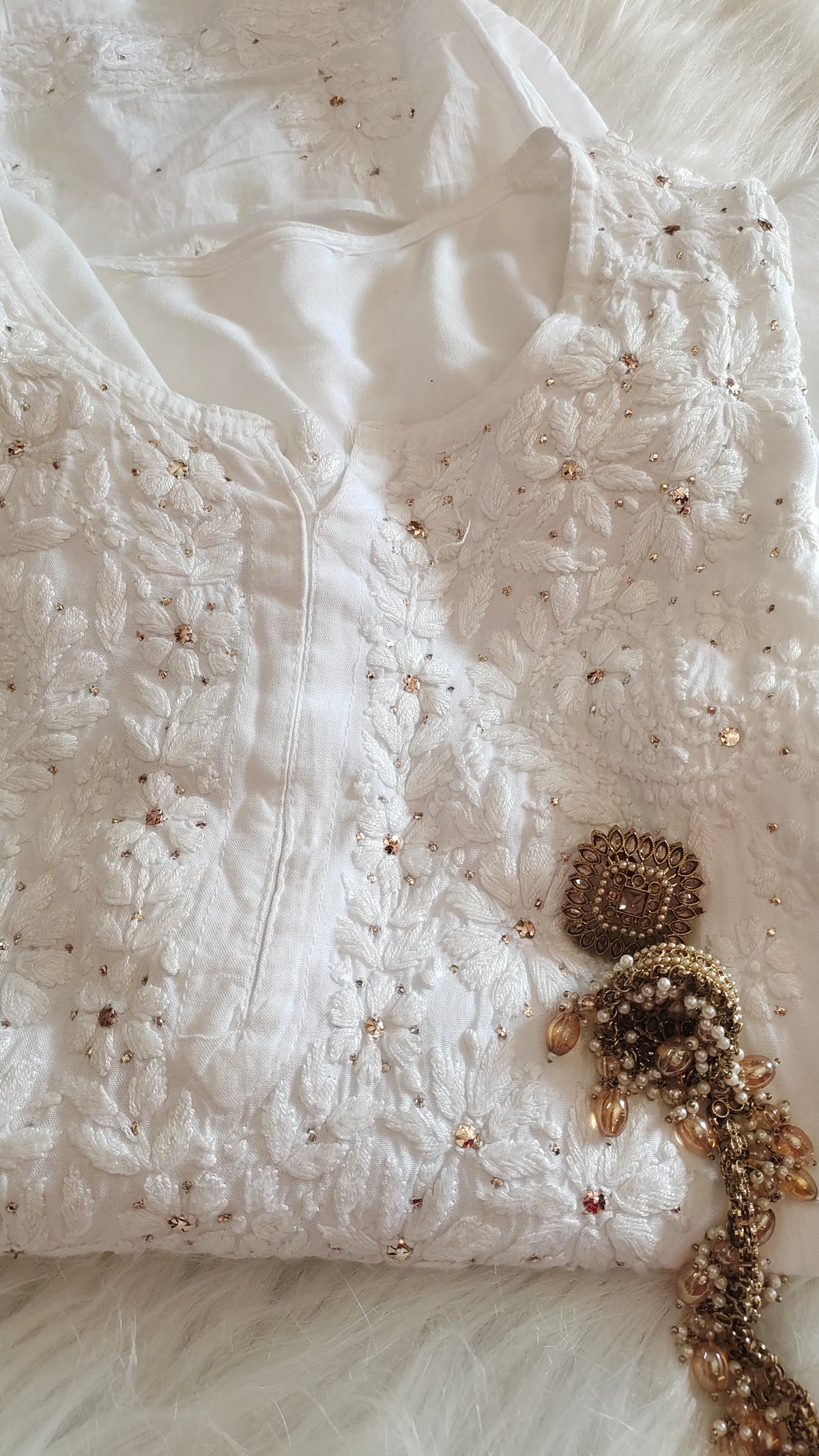 Safed Premium Soft Mulmul Chikankari suit with embroidered dupatta, handmade Lucknow Chikankari kurta by LVW Fashions.