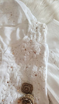 White Safed Premium Soft Mulmul Chikankari suit with embroidered dupatta, handmade Lucknow Chikankari by LVW Fashions.