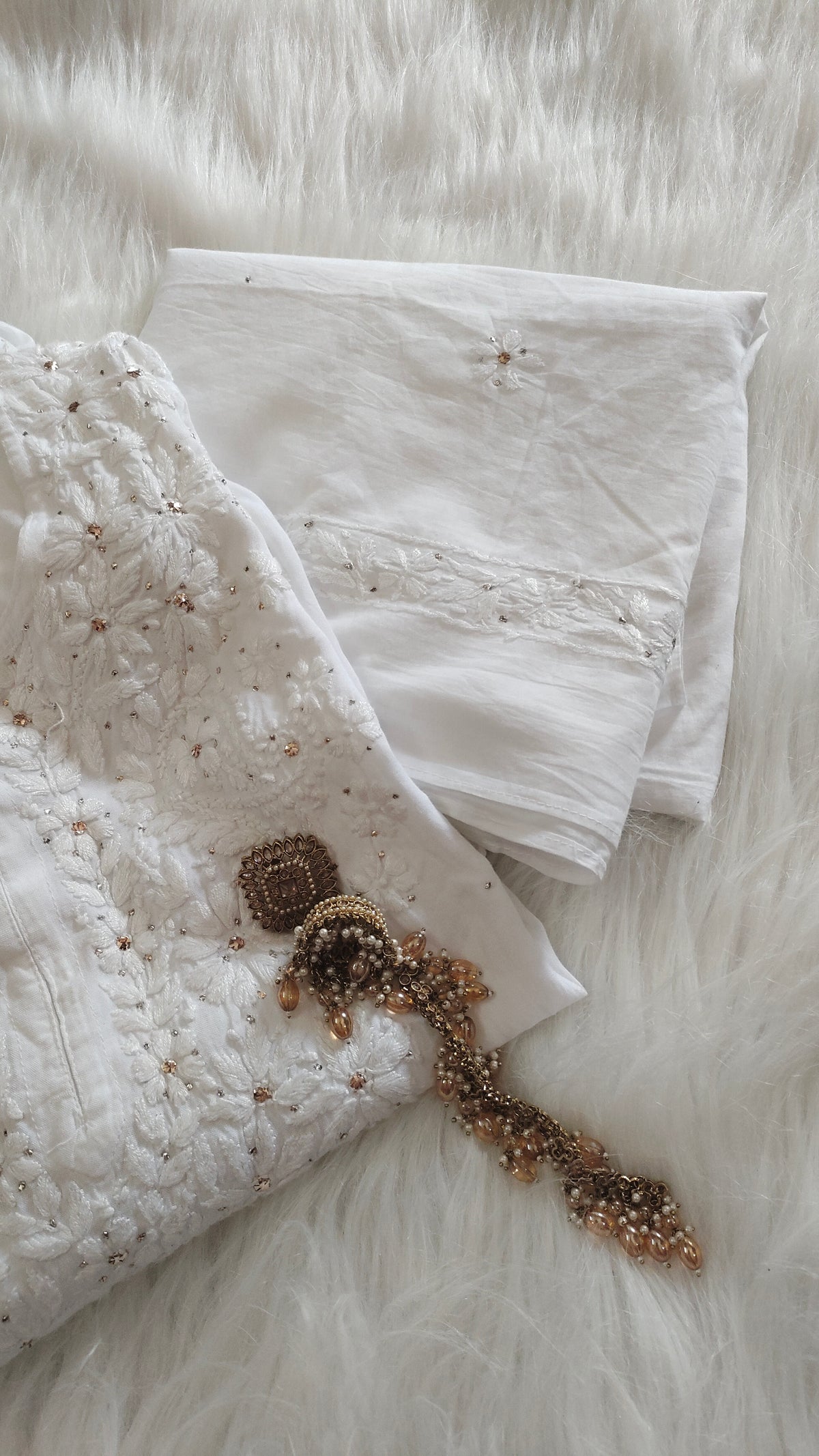 White Safed Premium Soft Mulmul Chikankari suit with embroidered dupatta, handmade Lucknow Chikankari by LVW Fashions.