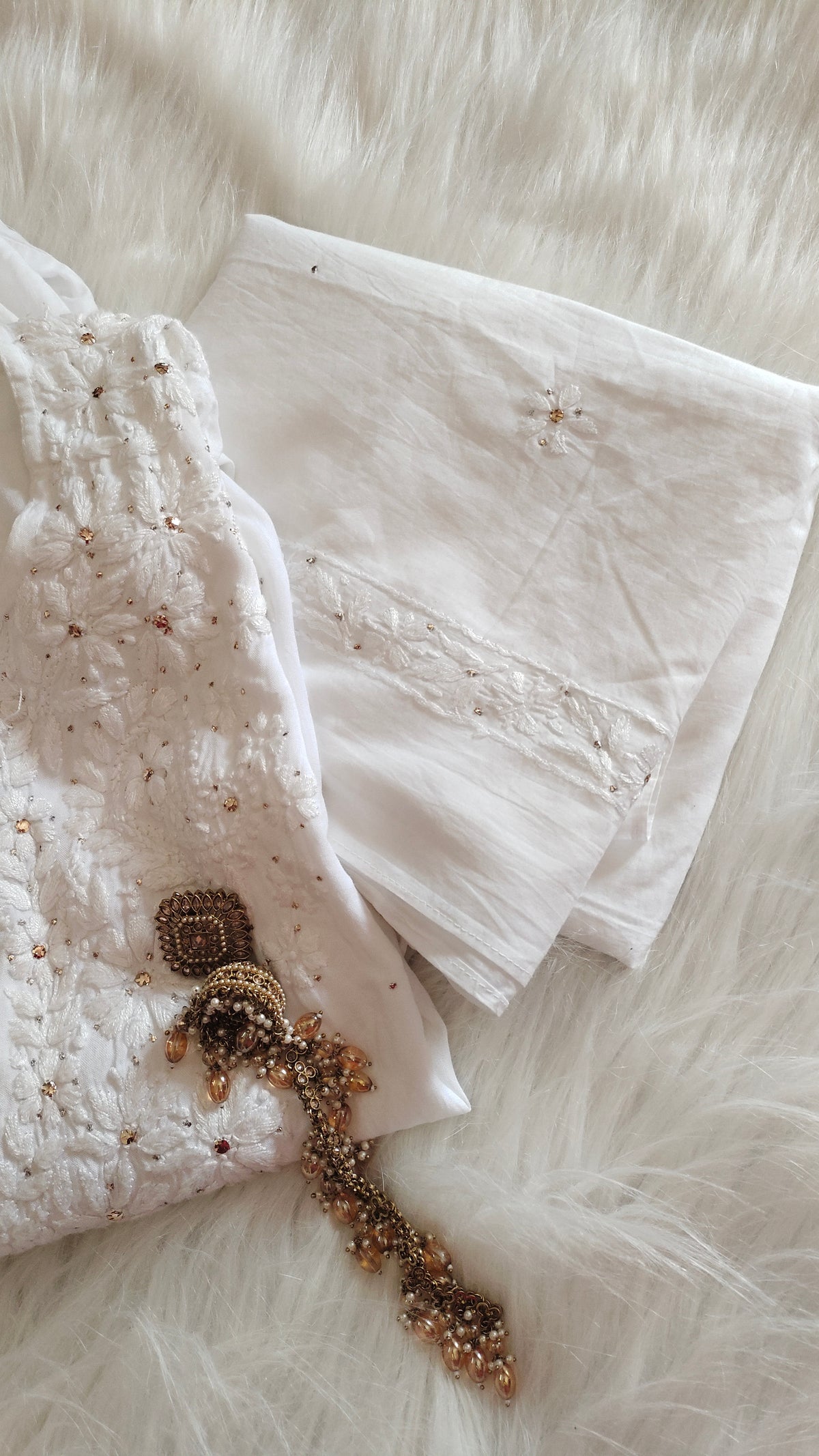 White Safed Premium Soft Mulmul Chikankari suit with embroidered dupatta, handmade Lucknow Chikankari kurta by LVW Fashions.