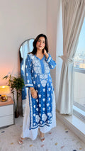 Zeba premium soft cotton silk Chikankari co-ord set by LVW Fashions featuring intricate handmade Lucknow Chikankari design in white.