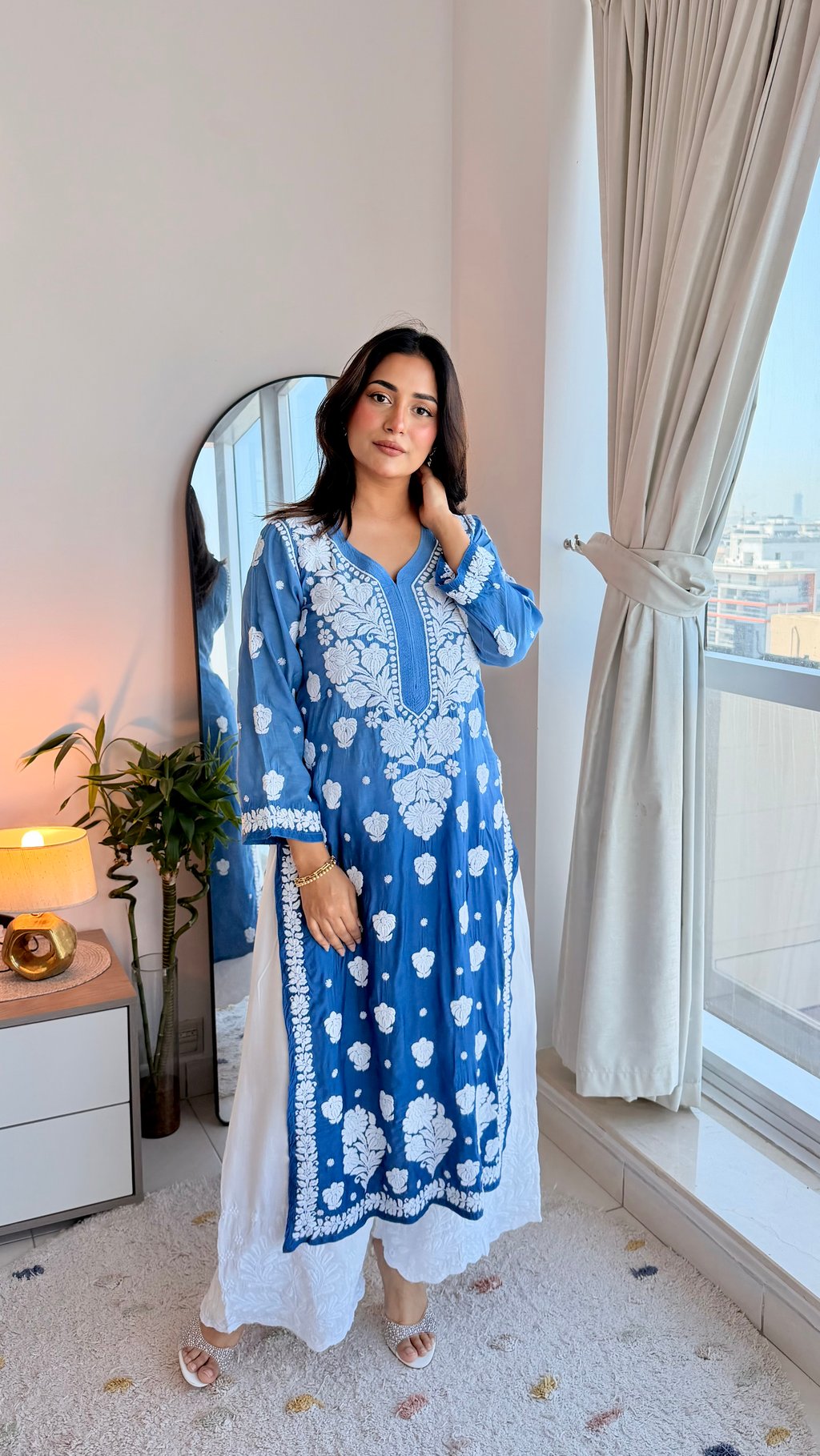 Zeba premium soft cotton silk Chikankari co-ord set by LVW Fashions featuring intricate handmade Lucknow Chikankari design in white.