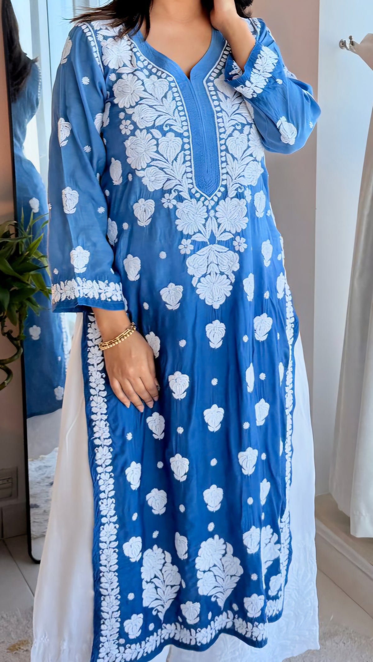 Zeba Premium Soft Cotton Silk Chikankari co-ord set by LVW Fashions featuring a handcrafted Lucknow Chikankari kurta in white.